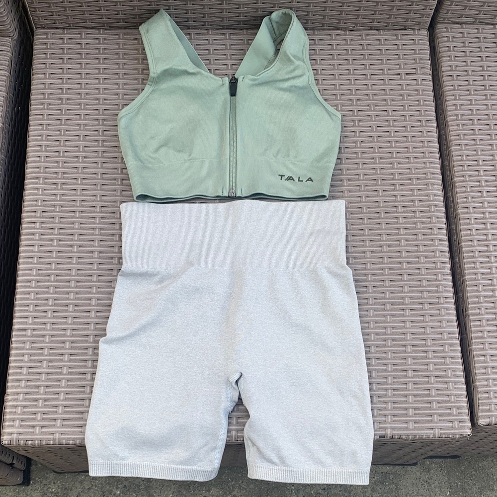 Women's Tala Light Gray High-Waisted Bike Shorts and olive zip up tank